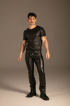 Matte PU Wetlook T-Shirt Schwarz von KYNX: Wetlook T-Shirt für Herren in Schwarz mit Rundhals, Ganzkörper