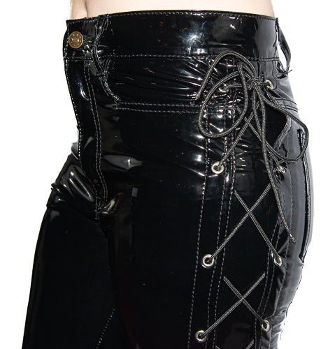 Skinny Wet-look Hose mit seitlicher Schnürung Schwarz | lovesect