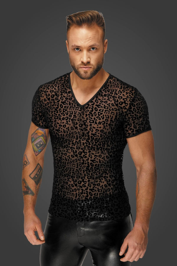 Transparentes Herren-Netz-Shirt mit Leoparden-Print V-Ausschnitt | Noir Handmade Men
