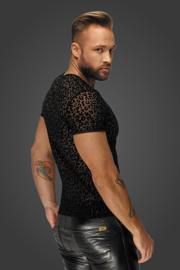 Transparentes Herren-Netz-Shirt mit Leoparden-Print V-Ausschnitt | Noir Handmade Men