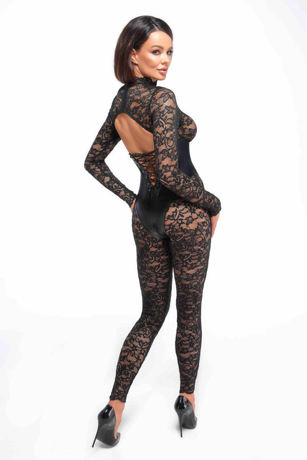 Langärmeliger Spitzen-Catsuit mit Wetlook-Unterbrustmieder | Noir Handmade
