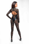 Langärmeliger Spitzen-Catsuit mit Wetlook-Unterbrustmieder | Noir Handmade