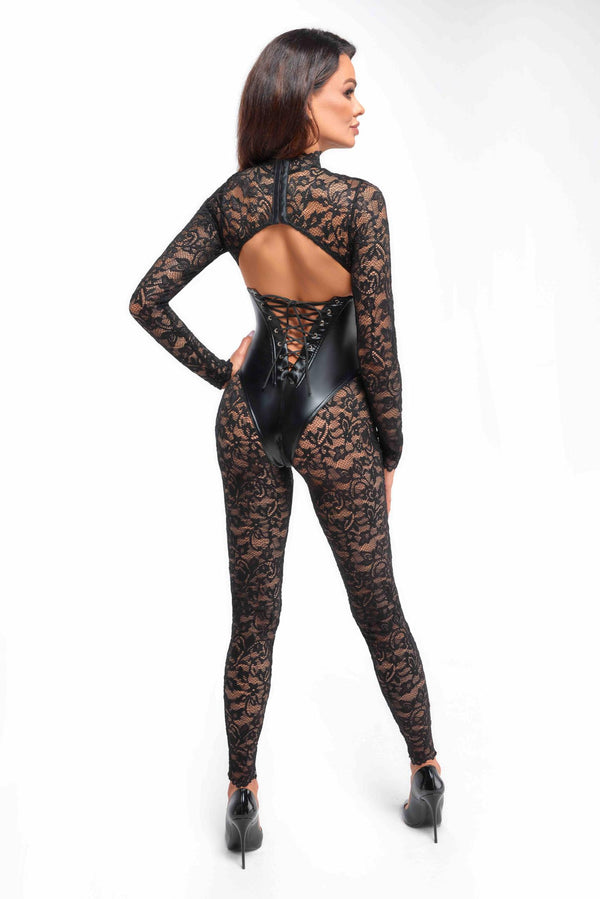 Langärmeliger Spitzen-Catsuit mit Wetlook-Unterbrustmieder | Noir Handmade