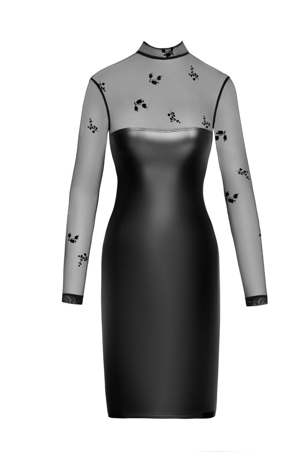 Figurbetontes Kleid mit Powerwetlook und transparenten Netzeinsätzen | Noir Handmade