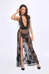 Langes transparentes Netzkleid mit Samtkragen und Beinschlitz | Noir Handmade
