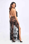 Langes transparentes Netzkleid mit Samtkragen und Beinschlitz | Noir Handmade