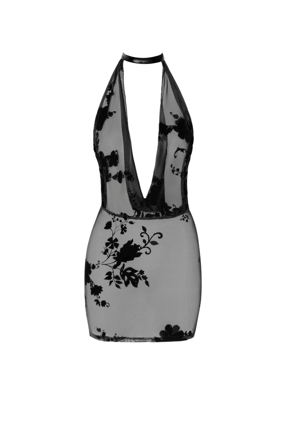 Netzkleid mit abnehmbarer Strasskette und Wildblockdruck | Noir Handmade