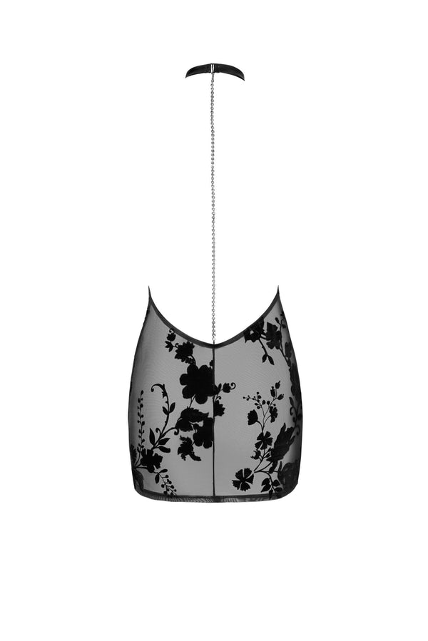 Netzkleid mit abnehmbarer Strasskette und Wildblockdruck | Noir Handmade