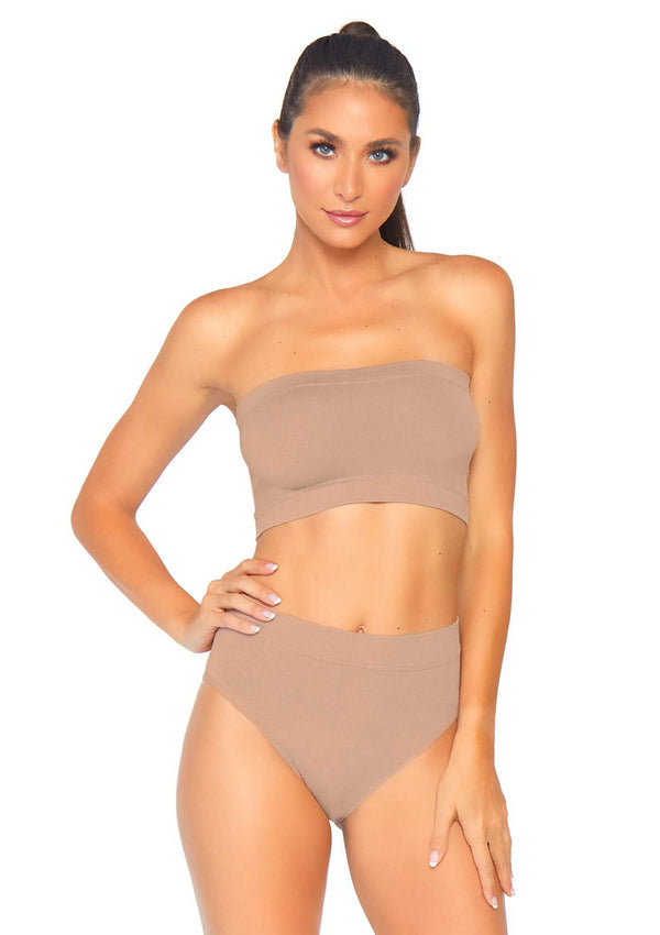 Hautfarbenes nahtloses geripptes Bandeau Set mit formendem High Waist Slip von Leg Avenue