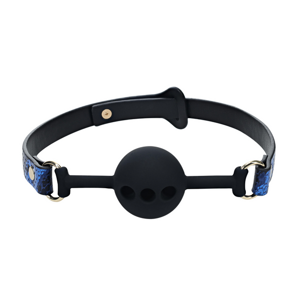 Blauer glanzvoller Atemknebel mit einem modischen schillernden Finish von Ouch! by Shots – Ansicht 4