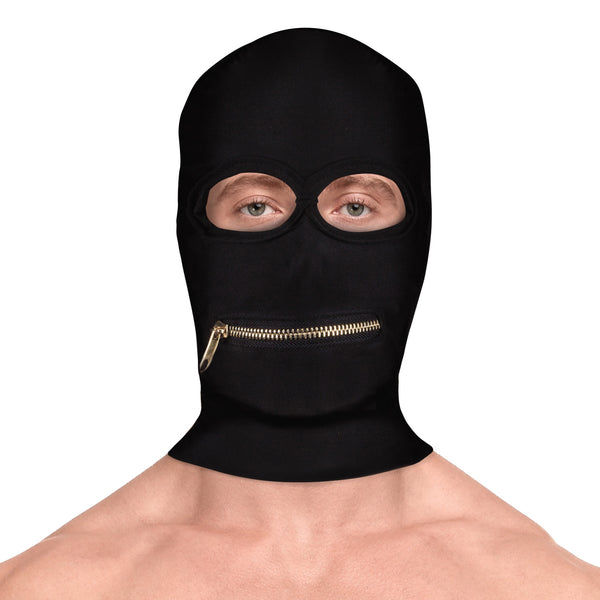 Schwarze geheimnisvolle Gesichtsmaske mit funktionellem Reißverschluss im Mundbereich von Ouch! by Shots – Ansicht 3