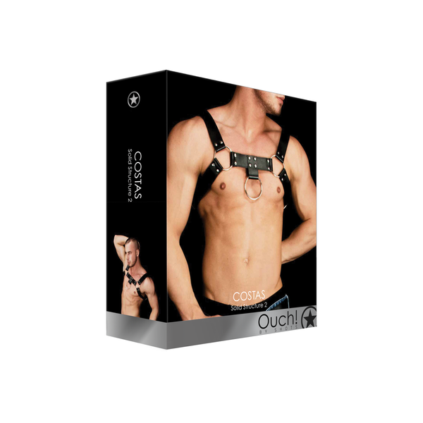 Schwarzes kraftvolles Riemengeschirr mit robusten Ringen und Metallschnallen von Ouch! by Shots – Ansicht 2