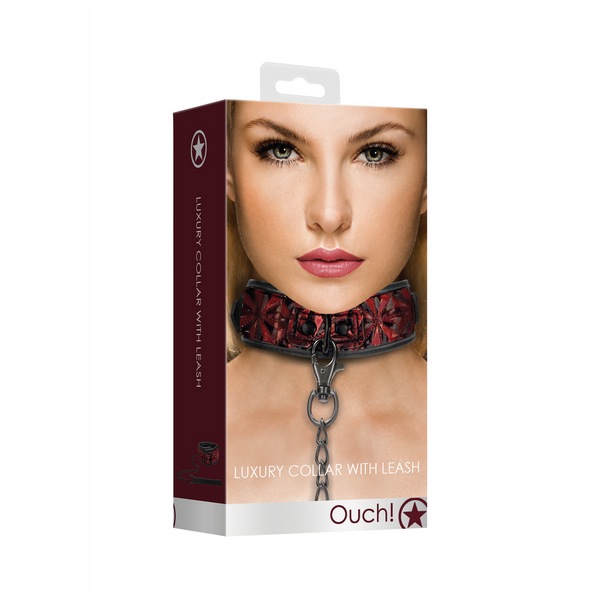 Rotes aufregendes Halsband mit markantem Rautenmuster und Kette von Ouch! by Shots – Ansicht 2