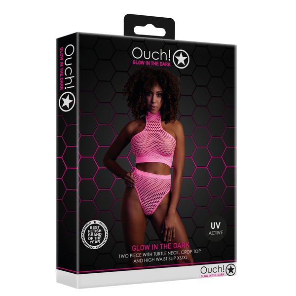 Pinkes leuchtendes Set mit Stehkragen und High Waist Slip von Ouch! by Shots – Ansicht 2