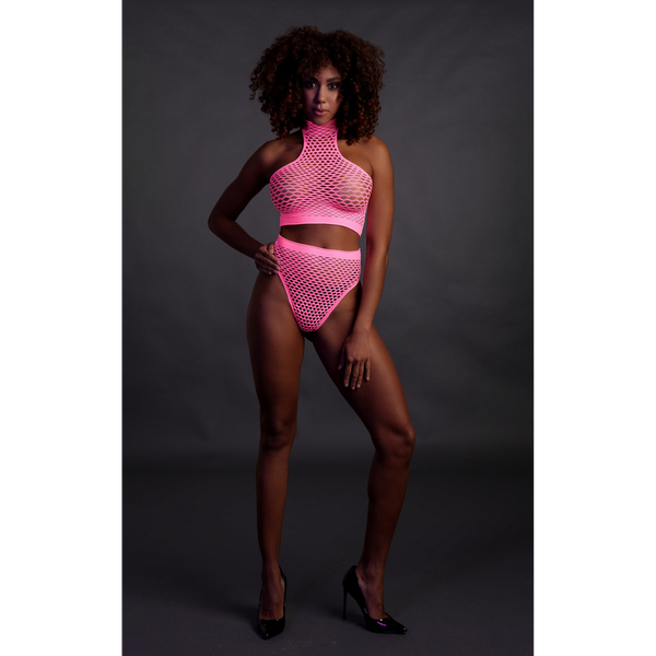 Pinkes leuchtendes Set mit Stehkragen und High Waist Slip von Ouch! by Shots – Ansicht 4