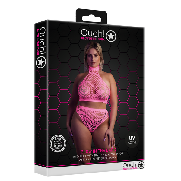 Pinkes leuchtendes Set mit Stehkragen und High Waist Slip von Ouch! by Shots – Ansicht 9