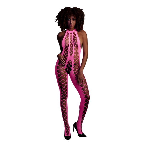 Pinker verführerischer Neon Bodystocking mit offenem Schritt von Ouch! by Shots