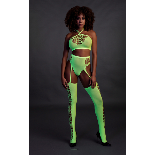 Grünes verführerisches Neon Set mit passenden Netzstrümpfen von Ouch! by Shots – Ansicht 4