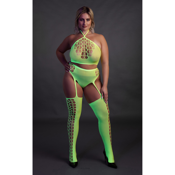 Grünes verführerisches Neon Set mit passenden Netzstrümpfen von Ouch! by Shots – Ansicht 11