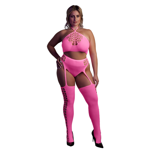 Pinkes leuchtendes zweiteiliges Neon Set mit Crop Top von Ouch! by Shots – Ansicht 8