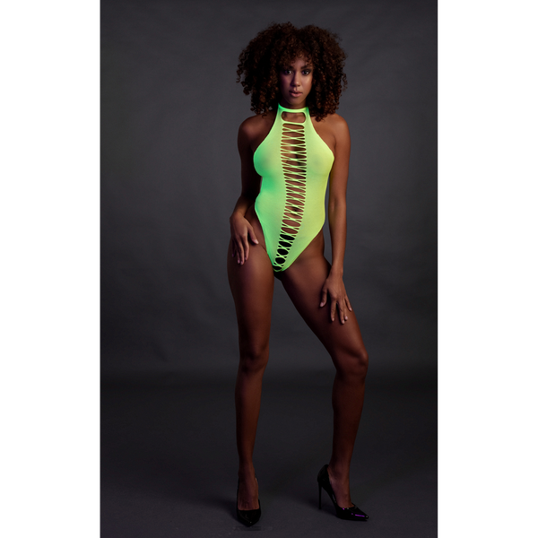 Grüner leuchtender High Cut Body mit elegantem Halterneck Design von Ouch! by Shots – Ansicht 4