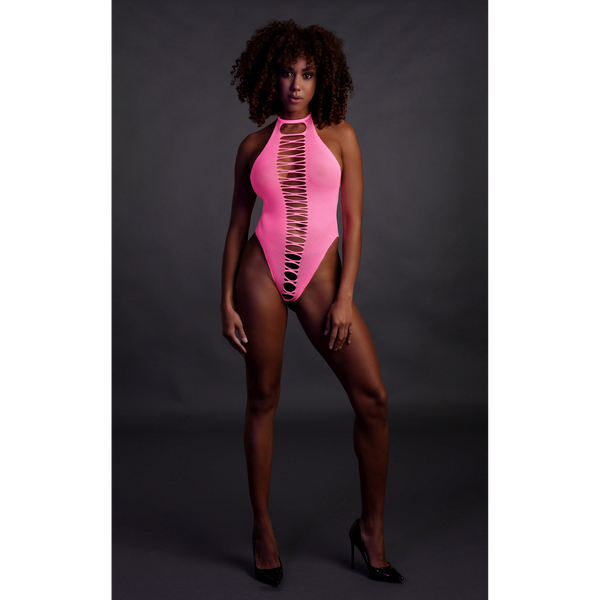 Pinker leuchtender High Cut Body mit elegantem Halterneck Design von Ouch! by Shots – Ansicht 4