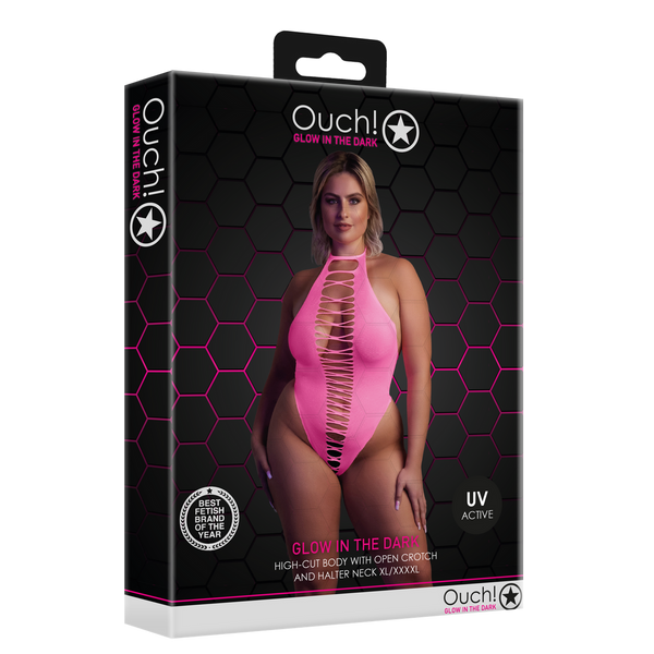 Pinker leuchtender High Cut Body mit elegantem Halterneck Design von Ouch! by Shots – Ansicht 9
