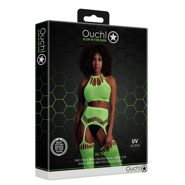 Grünes leuchtendes zweiteiliges Set mit Neckholder Top und Strümpfen | Ouch! by Shots