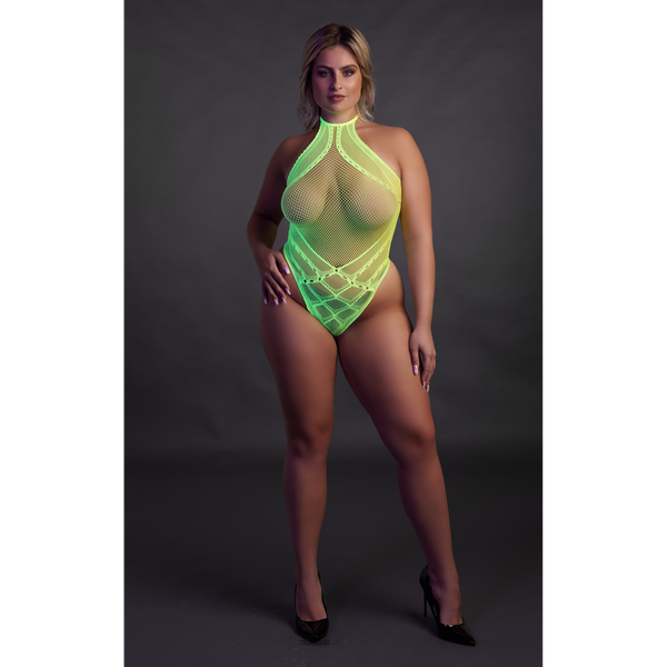 Grüner leuchtender Halterneck Body mit faszinierendem UV Effekt von Ouch! by Shots – Ansicht 11