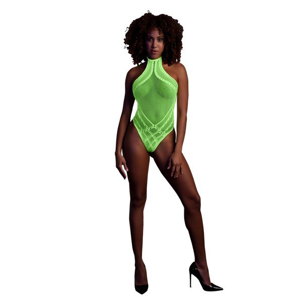 Grüner leuchtender Halterneck Body mit faszinierendem UV Effekt von Ouch! by Shots