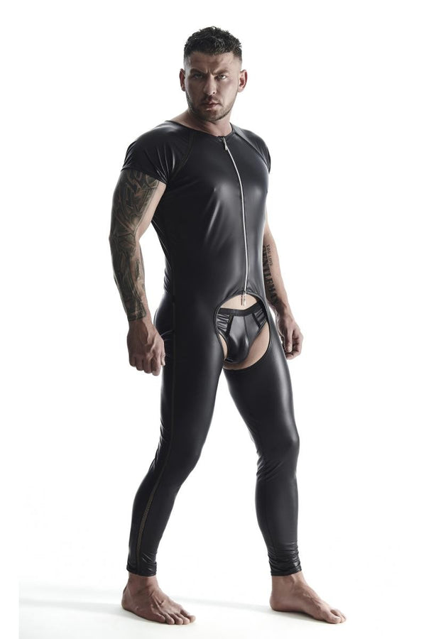 Herren Overall mit Reißverschluss und offenem Schritt aus Wetlook-Material | Regnes Fetish Planet