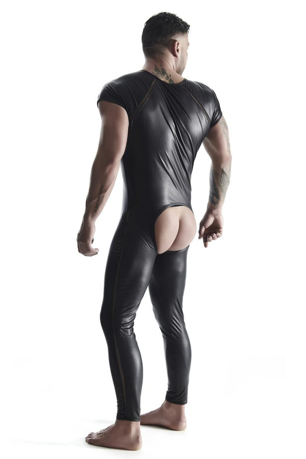 Herren Overall mit Reißverschluss und offenem Schritt aus Wetlook-Material | Regnes Fetish Planet