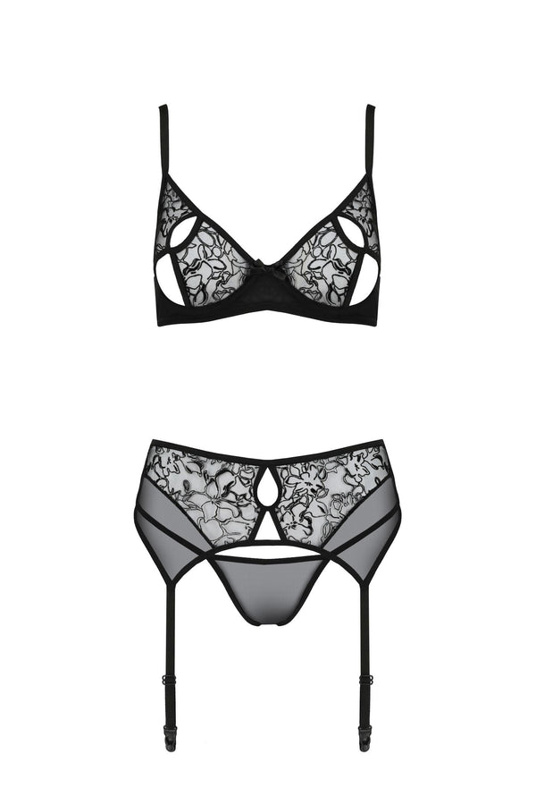 Edles Dessous-Set aus Netz mit floralem Samt Muster | Passion
