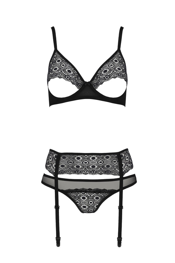 Erotisches Netz-Dessous Set mit Strumpfhalter und Bügel-BH | Passion