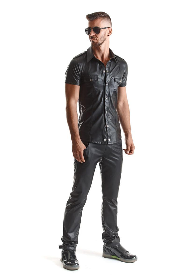 Herren Wetlook Hemd mit Stehkragen und Metallknöpfen | Regnes Fetish Planet