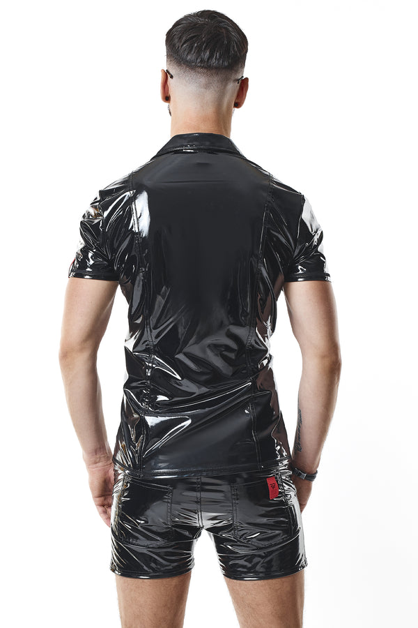 Poloshirt aus glänzendem Lack-Stoff mit vertikalen Designnähten | Regnes Fetish Planet