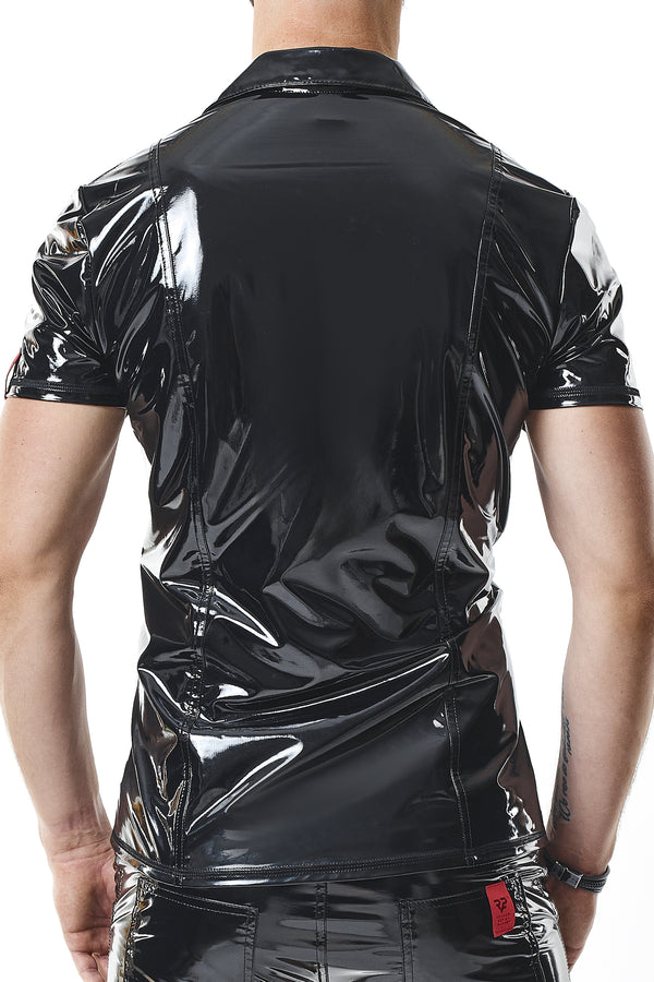 Poloshirt aus glänzendem Lack-Stoff mit vertikalen Designnähten | Regnes Fetish Planet