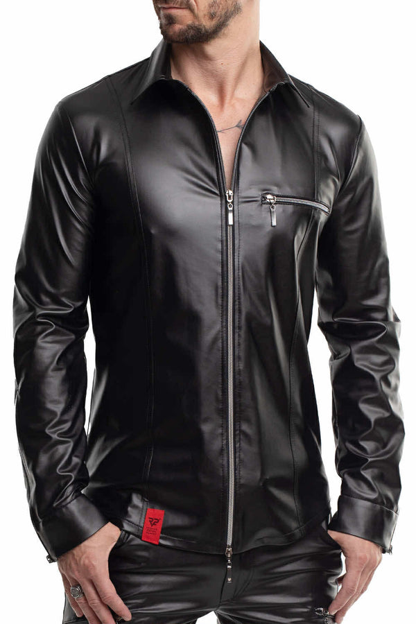 Schwarzes provokantes figurbetontes Wetlook Langarmshirt mit glänzenden Metalldetails | Regnes Fetish Planet