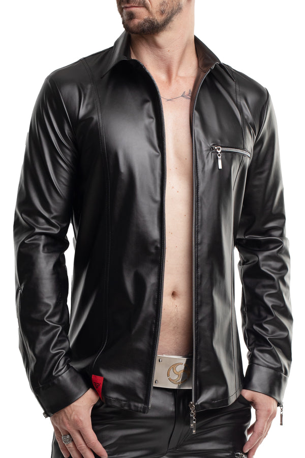 Schwarzes provokantes figurbetontes Wetlook Langarmshirt mit glänzenden Metalldetails | Regnes Fetish Planet