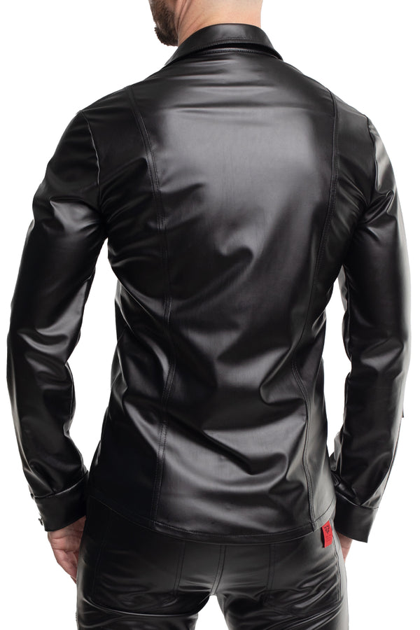 Schwarzes provokantes figurbetontes Wetlook Langarmshirt mit glänzenden Metalldetails | Regnes Fetish Planet