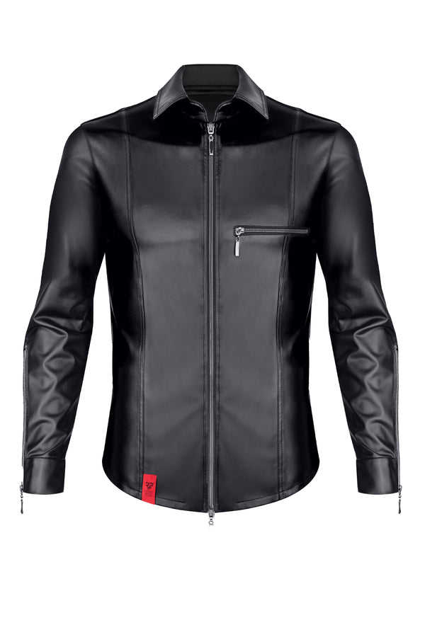 Schwarzes provokantes figurbetontes Wetlook Langarmshirt mit glänzenden Metalldetails | Regnes Fetish Planet
