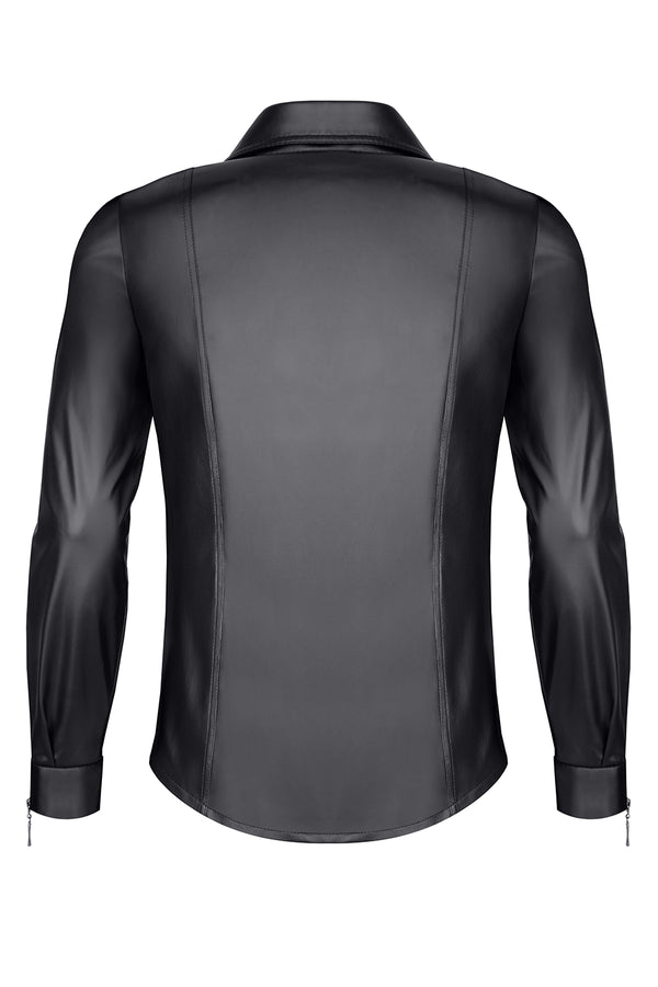 Schwarzes provokantes figurbetontes Wetlook Langarmshirt mit glänzenden Metalldetails | Regnes Fetish Planet