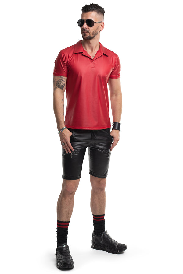 Rotes aufregend glänzendes Wetlook Poloshirt im athletischen Slim Fit Design | Regnes Fetish Planet