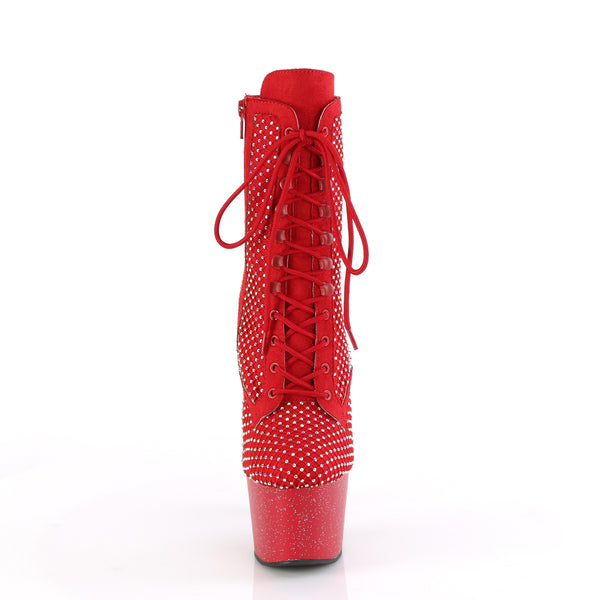 ADORE-1020RM Plateau Stiefeletten Rot Glitzer Strass Netz von Pleaser – Ansicht 2