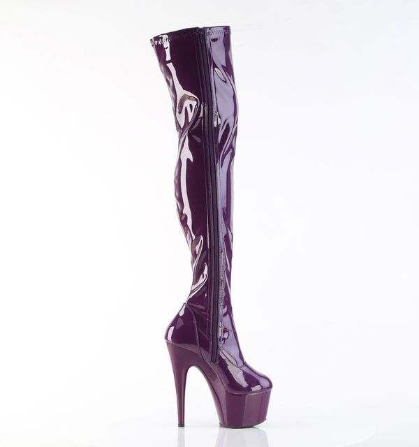 ADORE-3000 Plateau Overknee Stiefel Dunkel Violett Lack Stretch | Pleaser