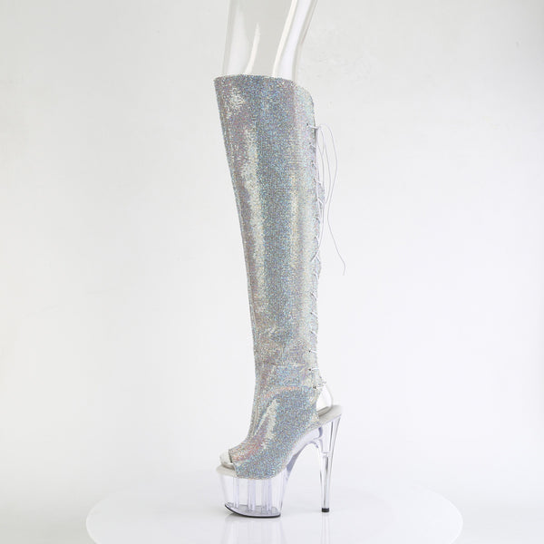ADORE-3019C-RS Plateau Peeptoe Overknee Stiefel Silber Glitzer | Pleaser