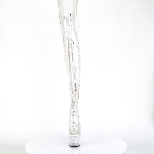 ADORE-3021 Plateau Overknee Stiefel Transparent/Silber | Pleaser