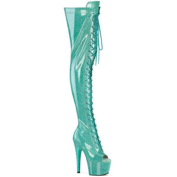 ADORE-3021GP Plateau Peeptoe Overknee Stiefel Türkis lack | Pleaser