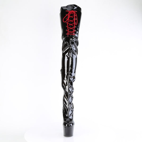 ADORE-4001WR Plateau Overknees Stiefel - Schwarz Lack mit Roter/Schwarzer Schnürung | Pleaser