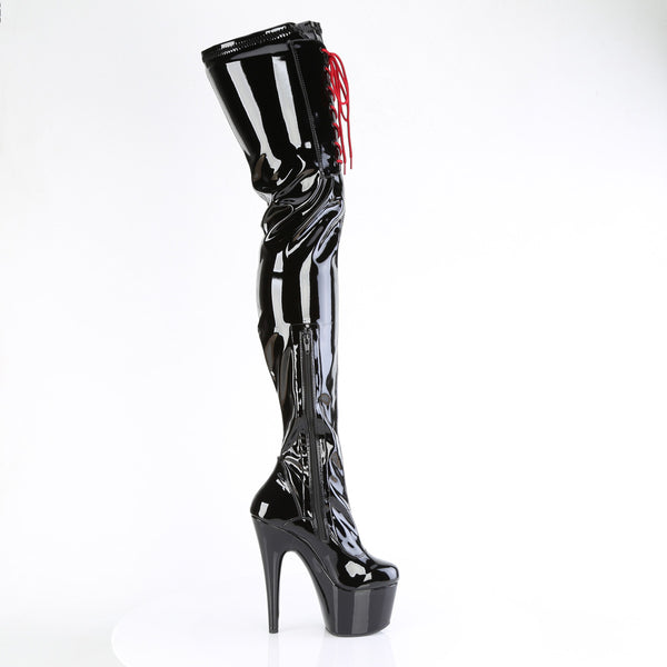 ADORE-4001WR Plateau Overknees Stiefel - Schwarz Lack mit Roter/Schwarzer Schnürung | Pleaser